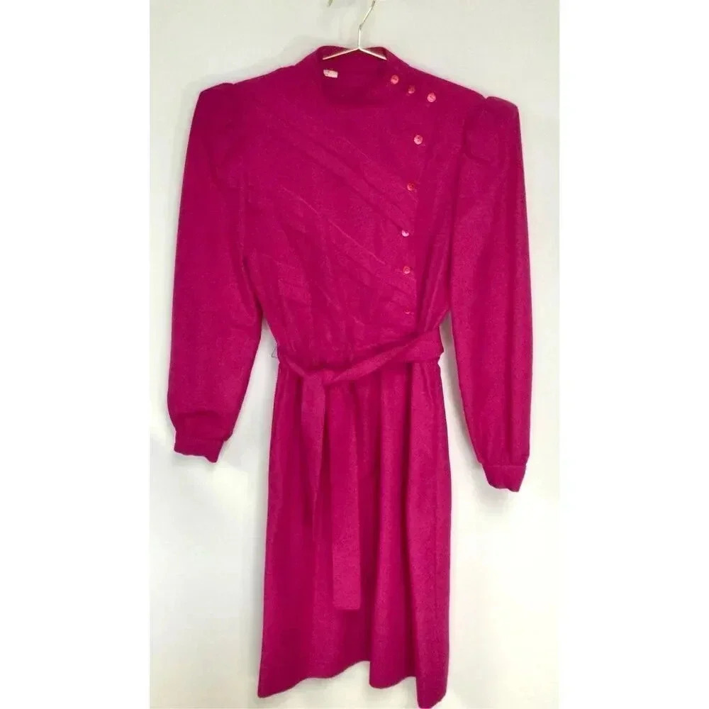 Vintage Womens Pink Balloon Sleeve Mock Neck Tie Waist Midi Dress Size Medium